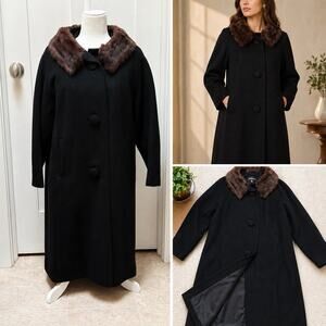 VTG 60s Custom Made Women Long Black Wool Over Coat Mink Fur Collar ILGWU